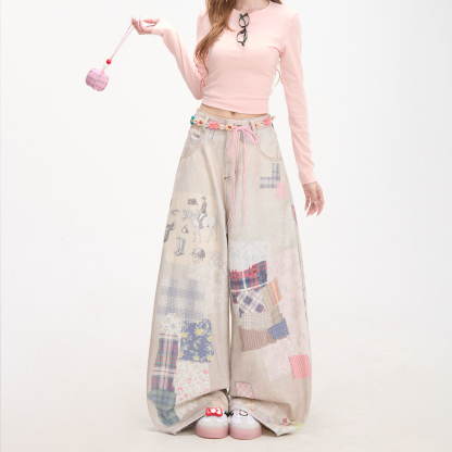 復古拼圖印花牛仔褲女亞文化穿搭彎刀闊腿褲街頭休閒褲