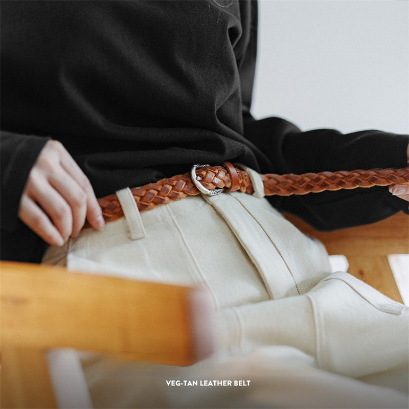 馬登女裝 復古植鞣牛皮編織腰帶百搭免打孔皮帶簡約時尚感配飾帶四季女