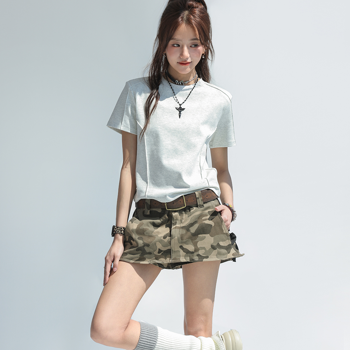 圓領正肩短袖女t恤2025新款魚骨設計感上衣修身顯瘦