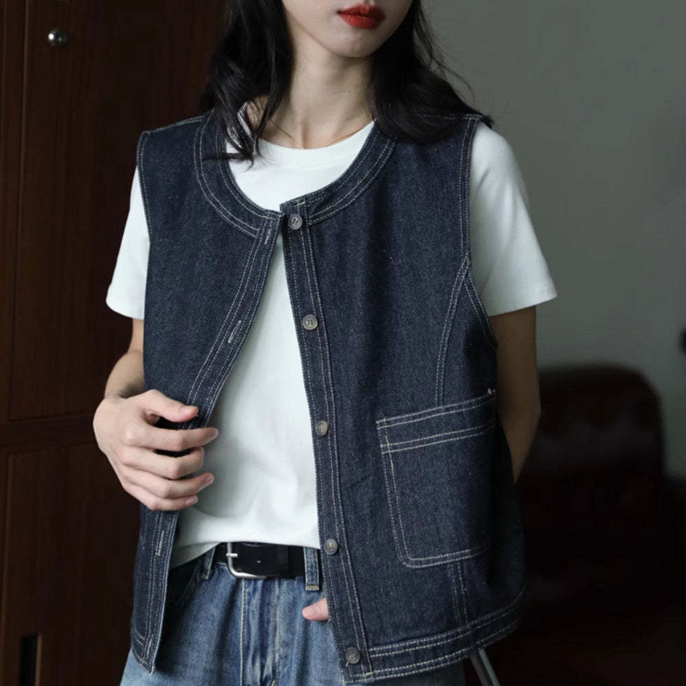 明線復古牛仔馬甲女春秋外套小個子百搭顯瘦短款寬鬆小坎肩外搭