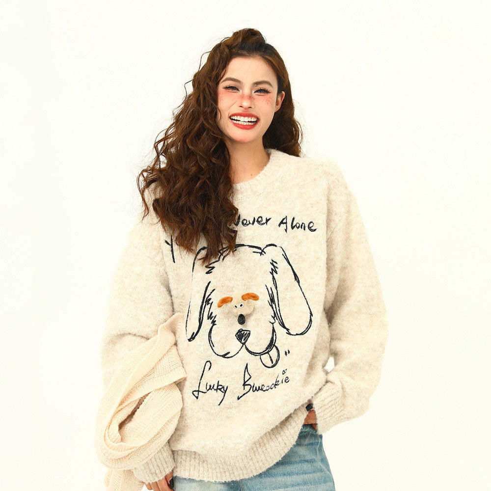 立體小狗慵懶風毛衣女冬季氛圍感加厚寬鬆復古軟糯外套