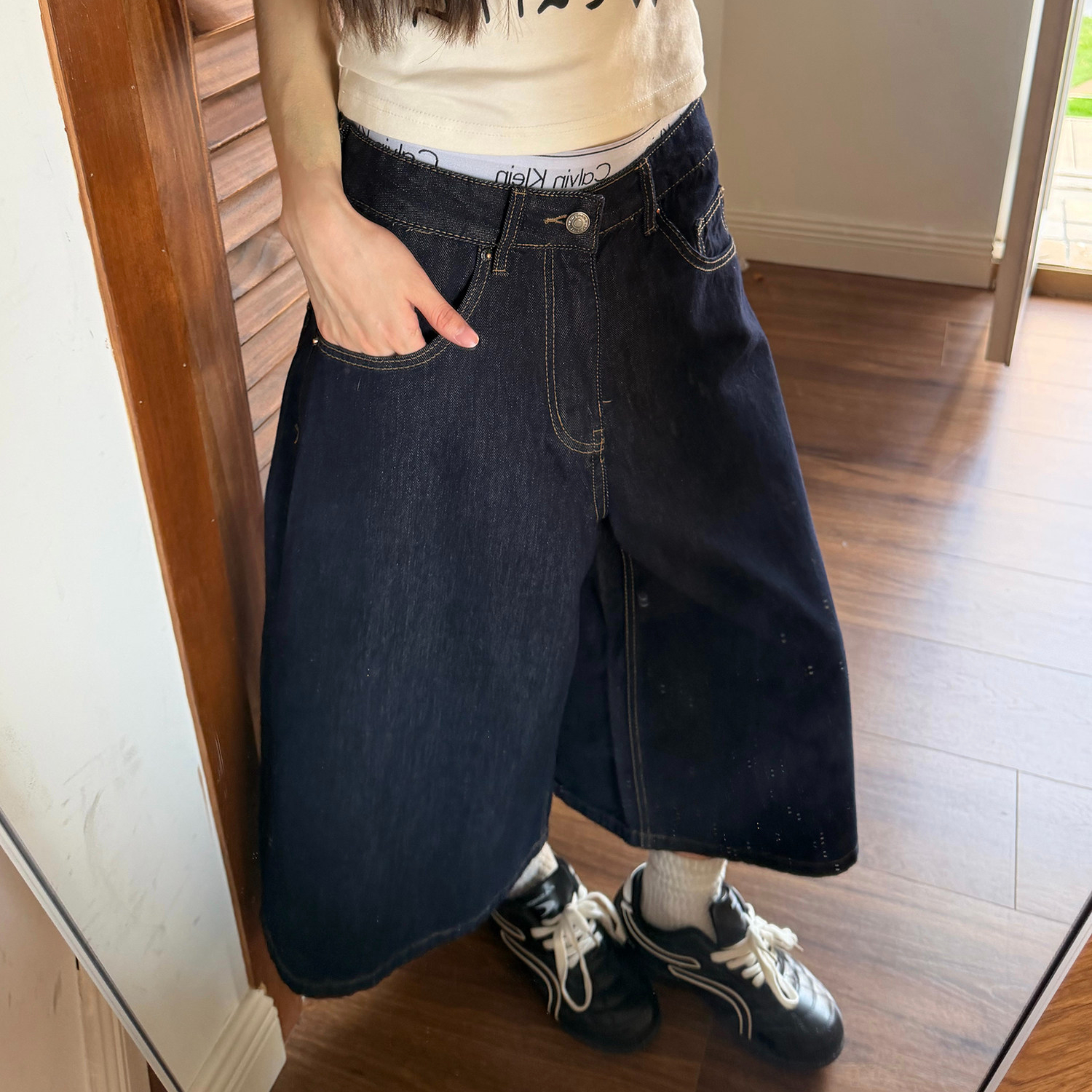 原牛深藍色牛仔褲女七分褲2026夏季新款美式潮流直筒褲