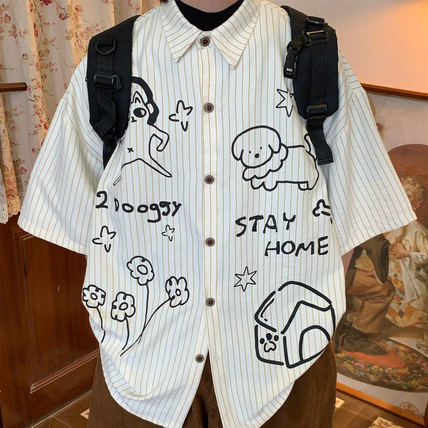 美式復古條紋短袖襯衫夏季寬鬆小狗百搭寬鬆上衣