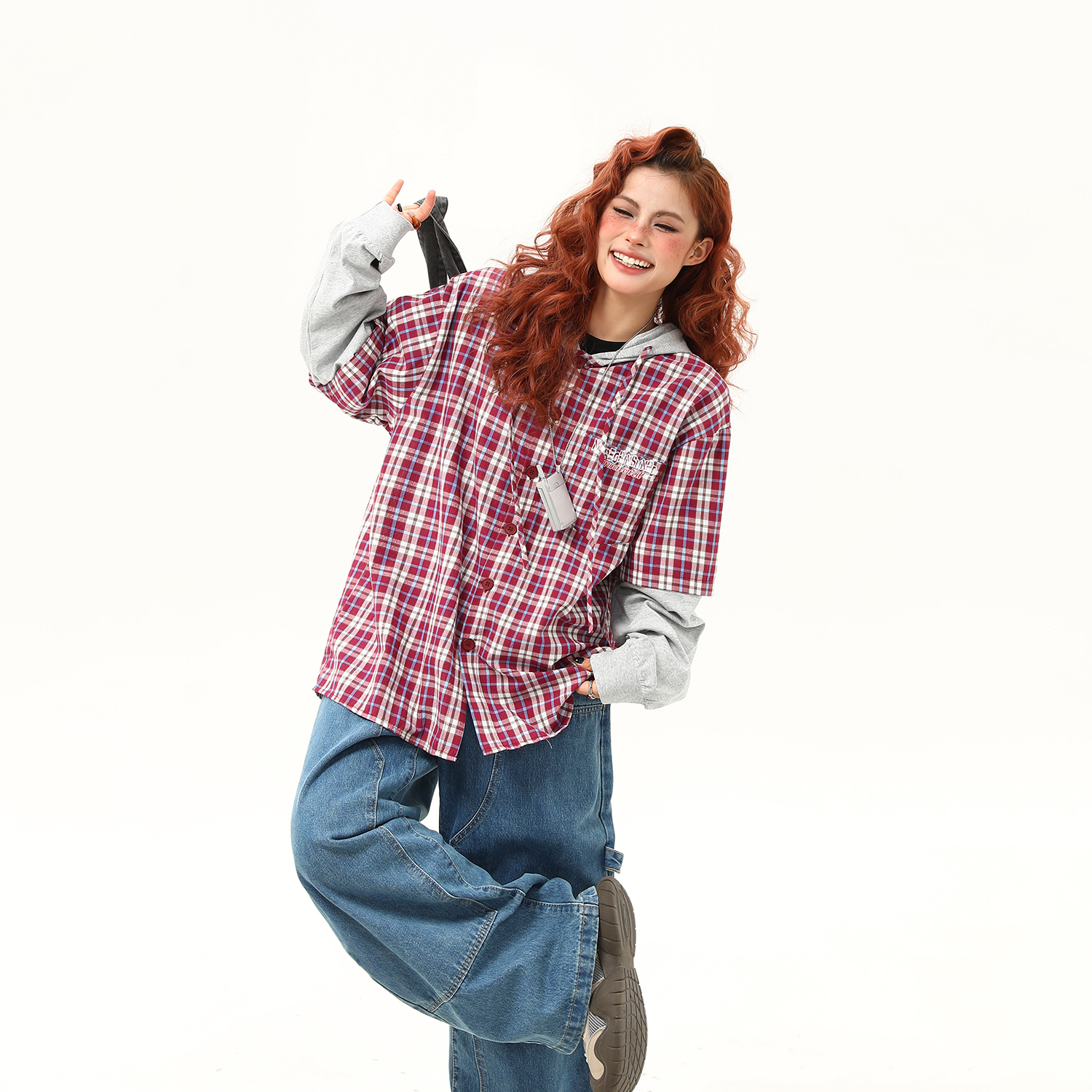 早秋新款假兩件連帽格子長袖襯衫女復古寬鬆百搭外穿襯衣