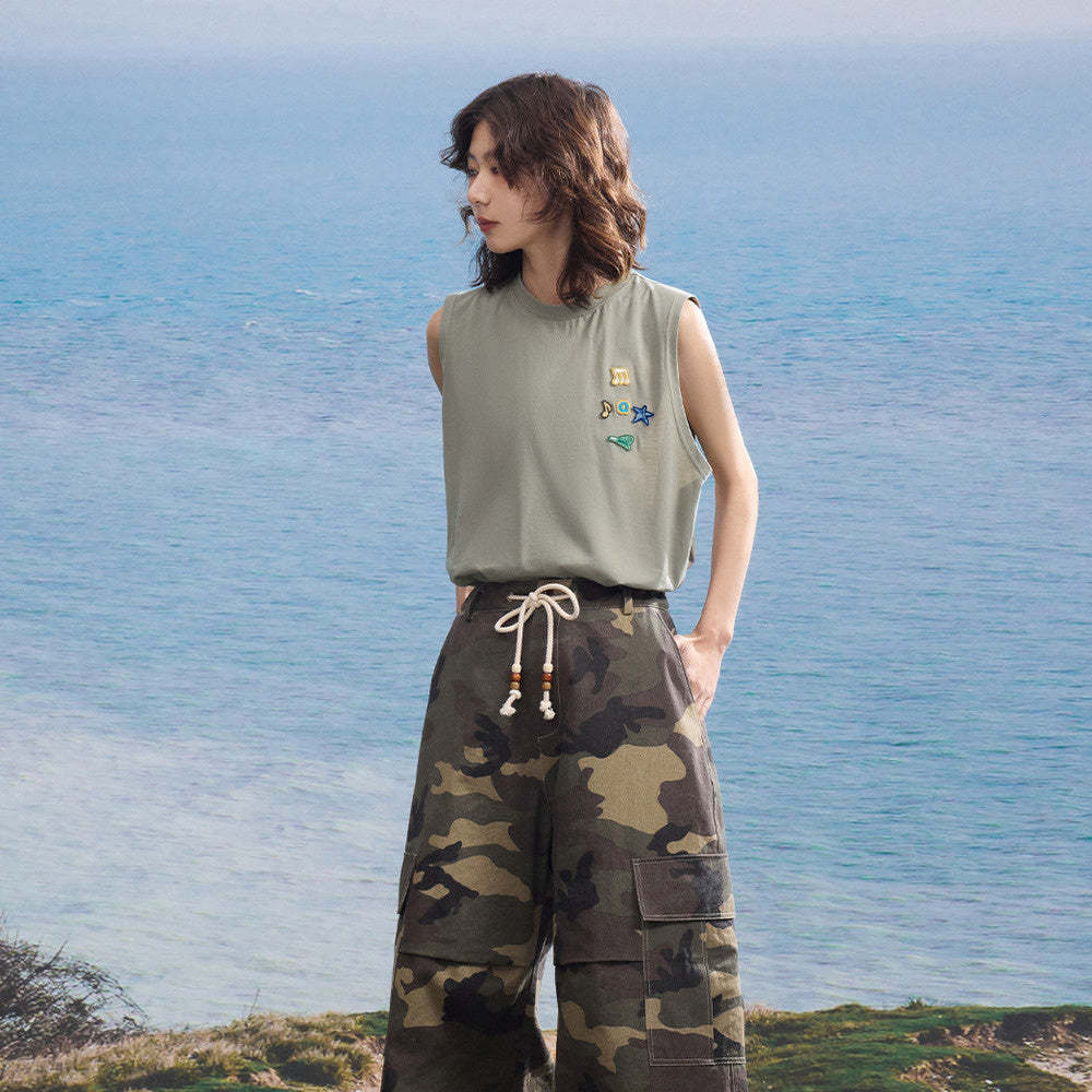 日系寬鬆無袖繡章裝潢雙紗面料原創純棉休閒背心女夏