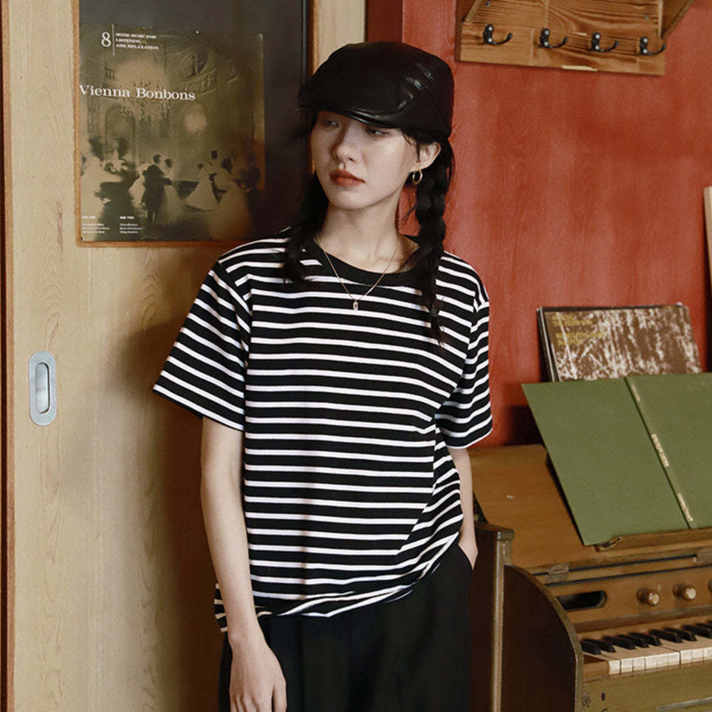 黑白經典條紋女短袖春夏寬鬆慵懶圓領純棉t恤上衣