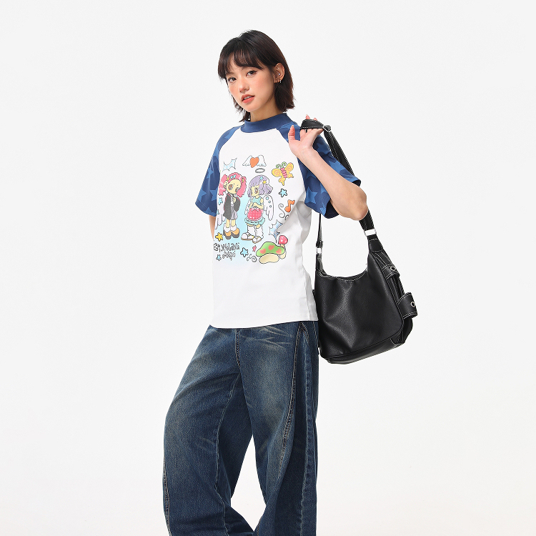 美式復古卡通少女星星插肩正肩短袖T恤女夏季百搭修身短t