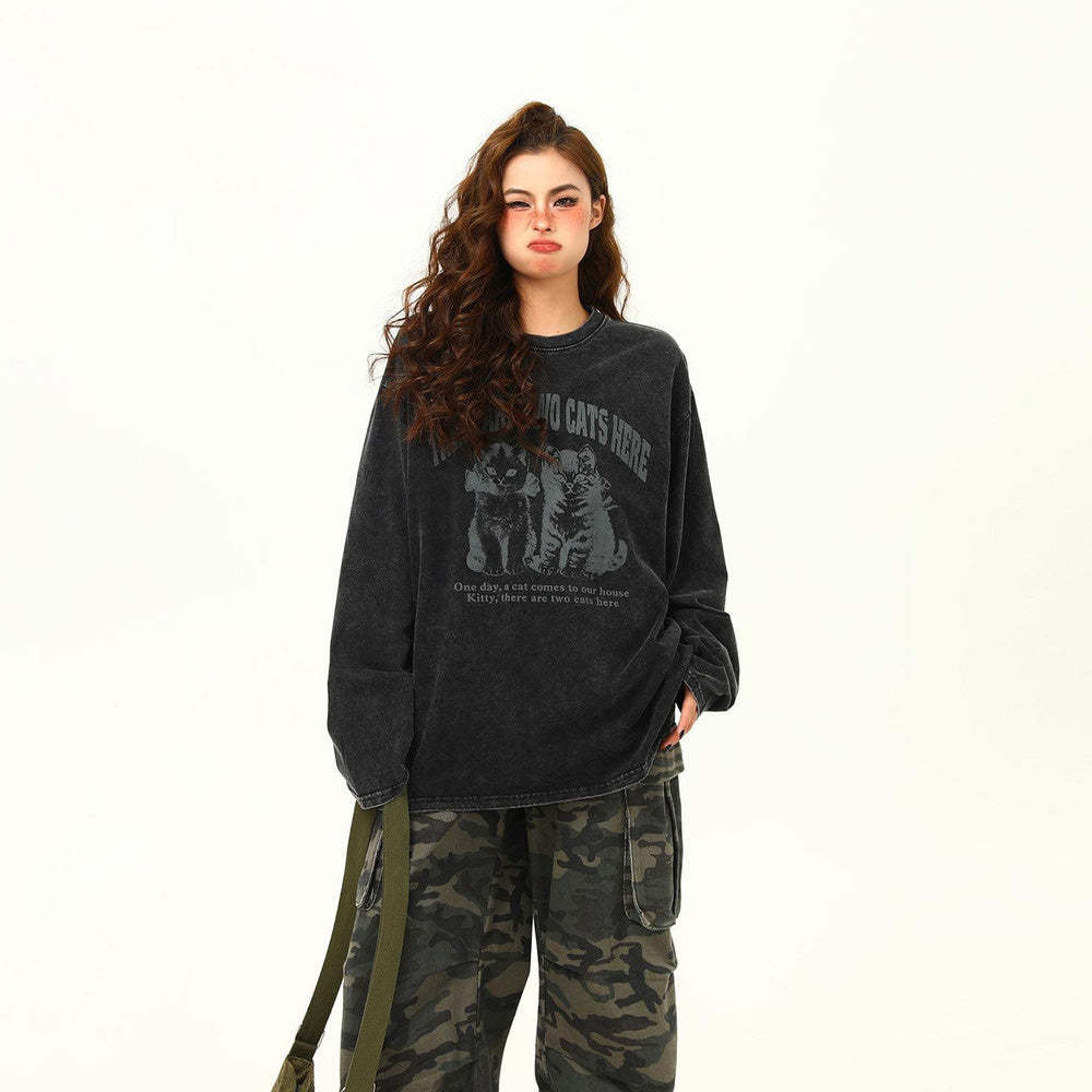 美式復古水洗長袖T恤女寬鬆百搭猫咪印花做舊圓領打底衫