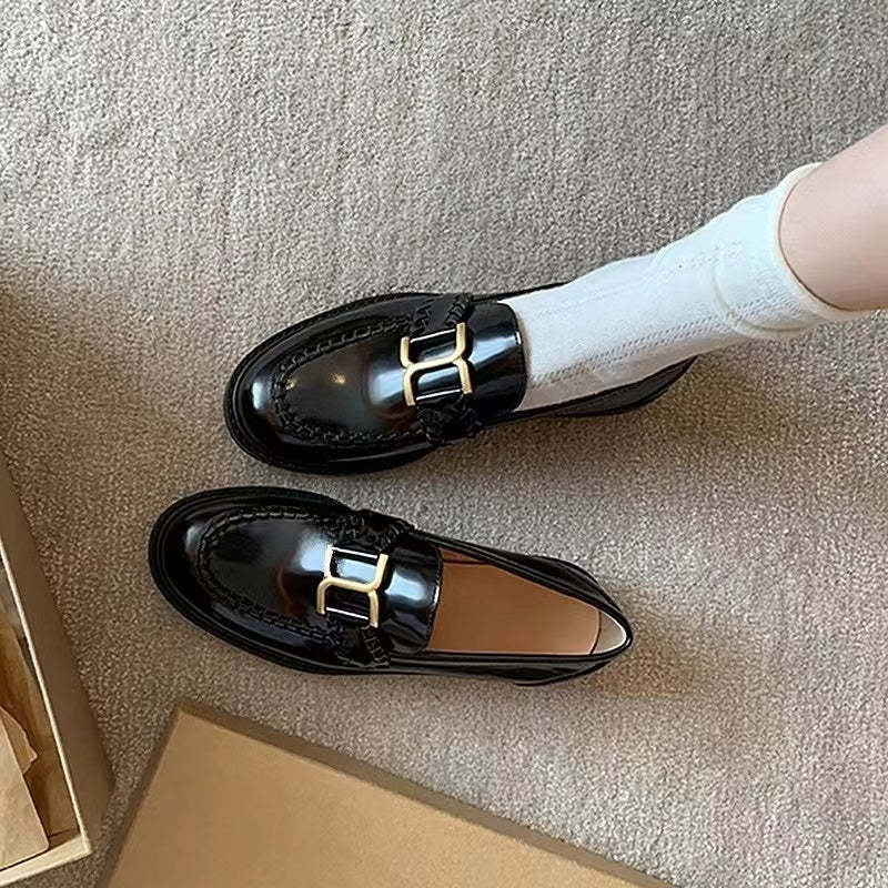 英倫復古風樂福鞋女新款平底單鞋咖色一脚蹬厚底小皮鞋