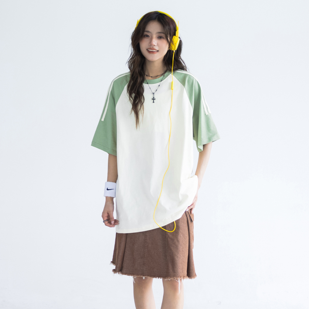 撞色拼接插肩袖t恤上衣女夏季圓領寬鬆純棉短袖