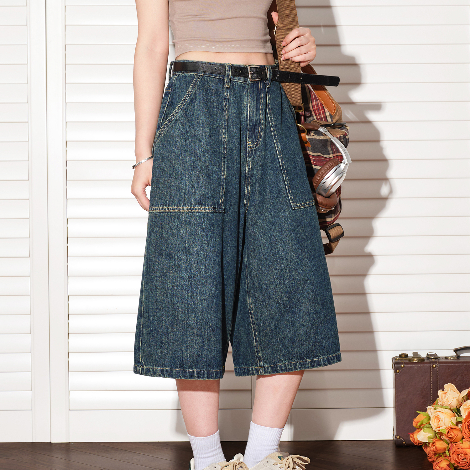 美式復古解構設計七分褲女夏寬鬆闊腿休閒短褲牛仔褲