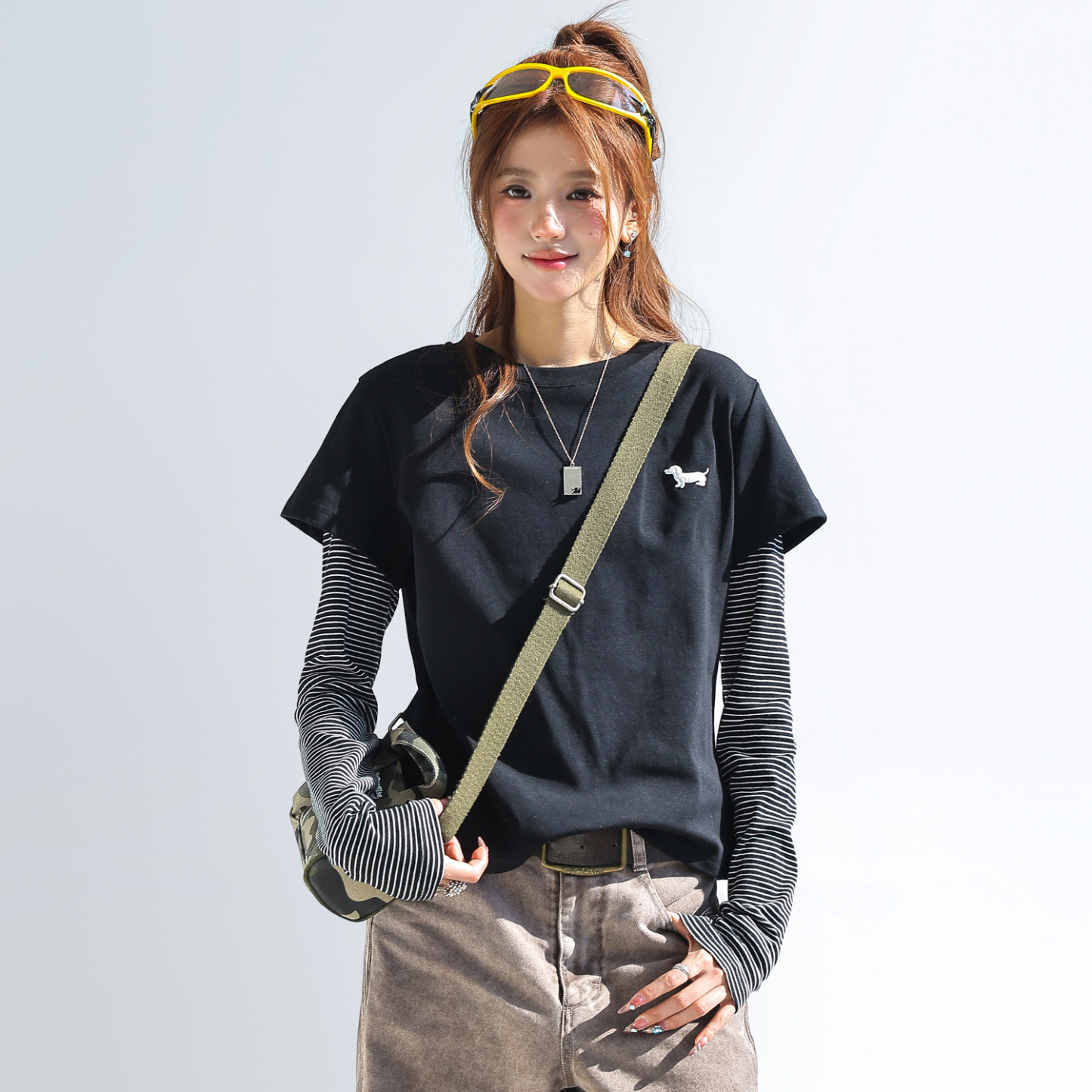 韓系臘腸狗條紋拼接假兩件長袖t恤女正肩修身上衣短