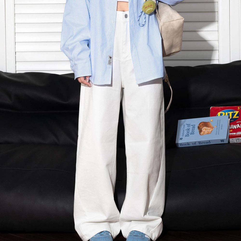 白色美式高街直筒顯瘦休閒褲女cleanfit窄版闊腿褲子