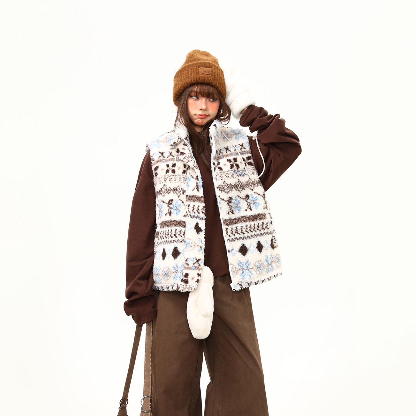 美式復古費爾島羊羔毛馬甲棉服外套女冬季新款氛圍感棉衣