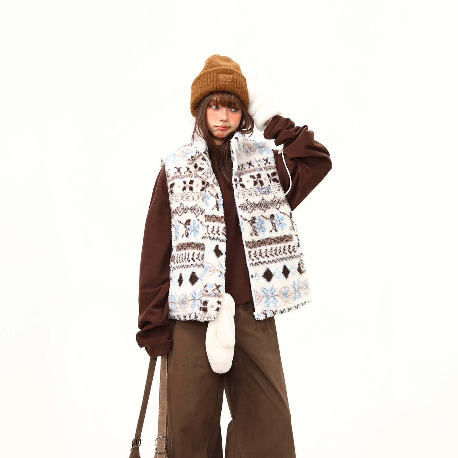 美式復古費爾島羊羔毛馬甲棉服外套女冬季新款氛圍感棉衣