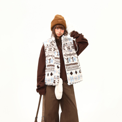 美式復古費爾島羊羔毛馬甲棉服外套女冬季新款氛圍感棉衣