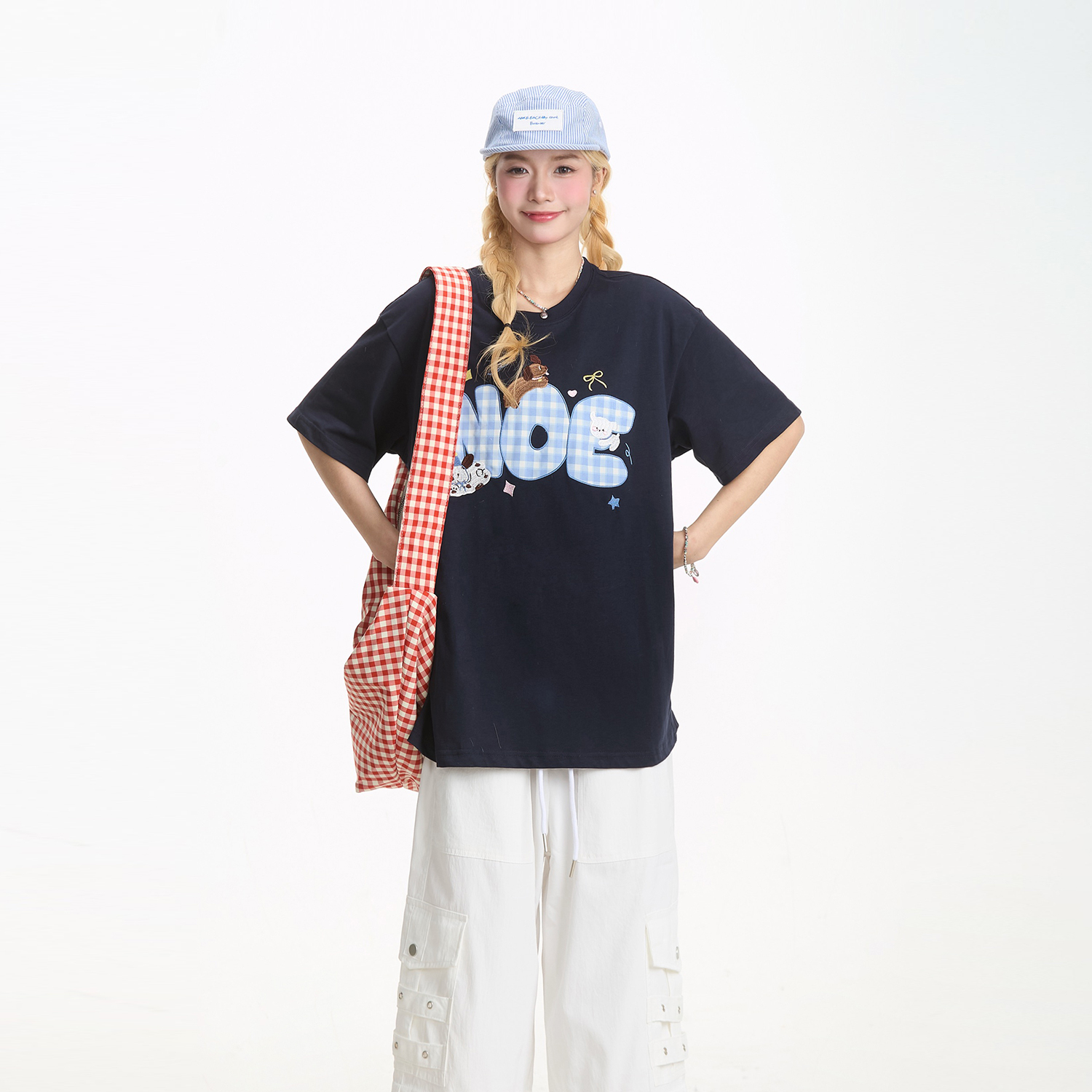 可愛小狗格子刺繡短袖T恤女美式潮牌甜酷寬鬆百搭休閒上衣