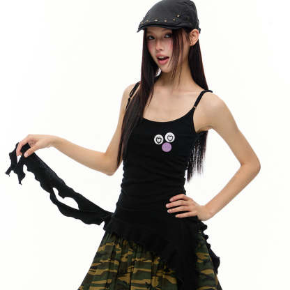 美式復古黑色流蘇飄帶條紋吊帶背心夏季新款辣妹修身顯瘦上衣