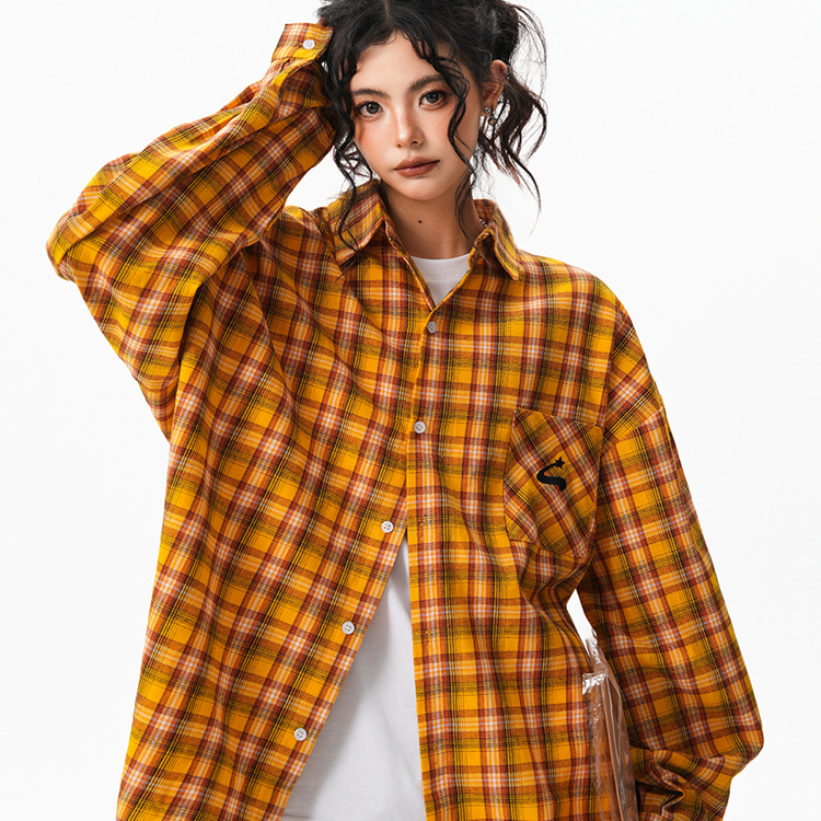秋季多巴胺黃色格子襯衫女寬鬆休閒慵懶風百搭襯衣外套