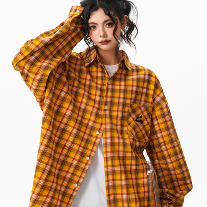 秋季多巴胺黃色格子襯衫女寬鬆休閒慵懶風百搭襯衣外套