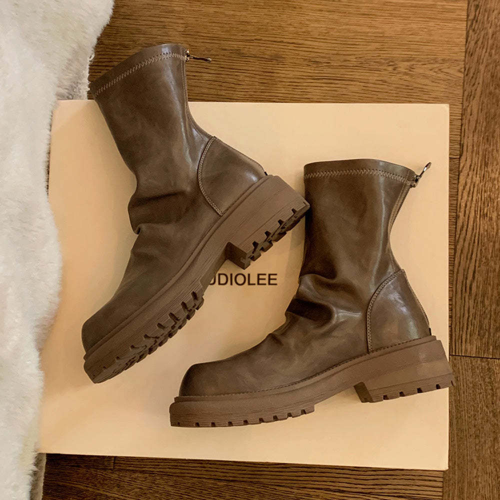 時髦粗跟厚底瘦瘦靴圓頭褶皺後拉鍊堆堆短靴女春秋