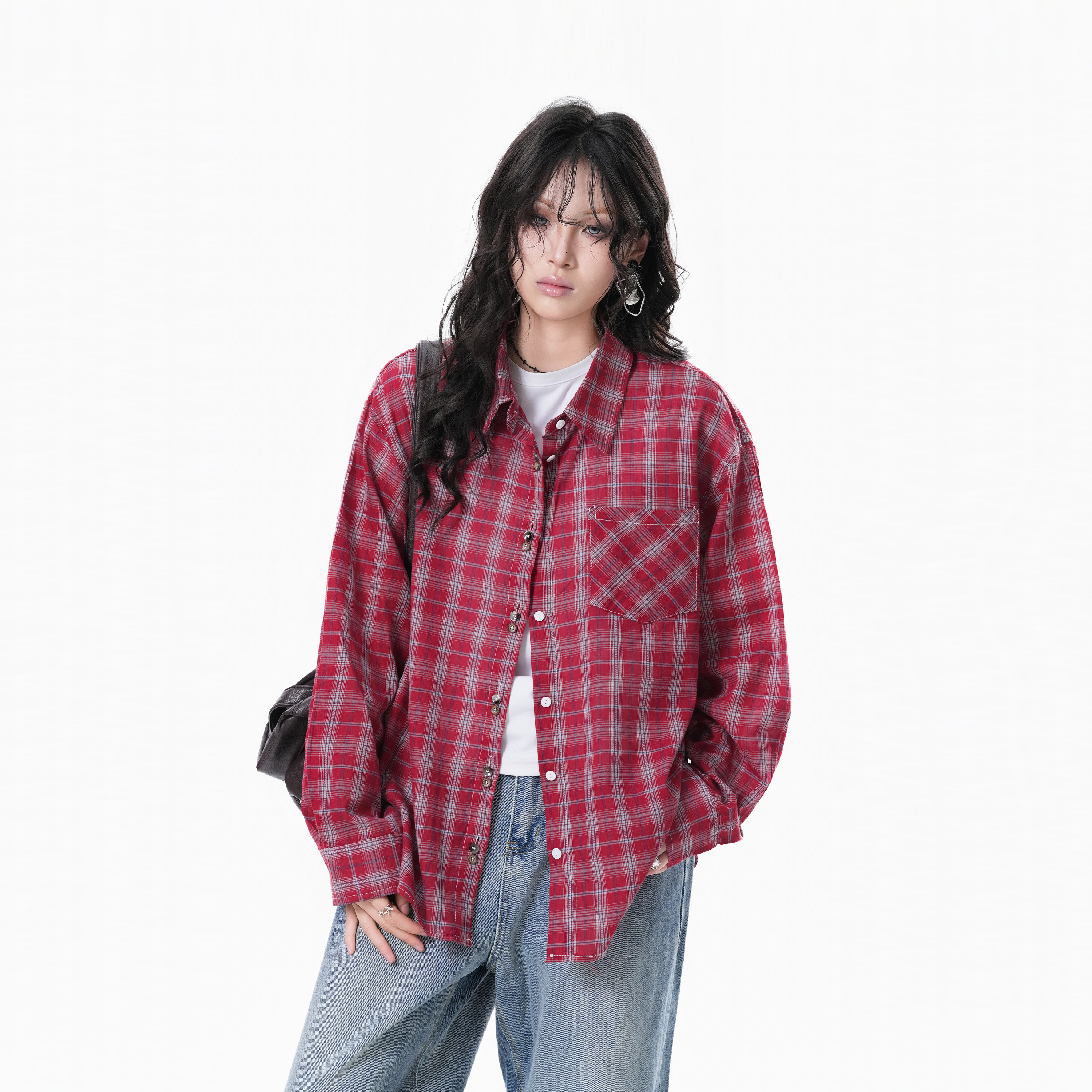 美式復古潮牌格子襯衫女小眾設計感寬鬆長袖襯衣秋季