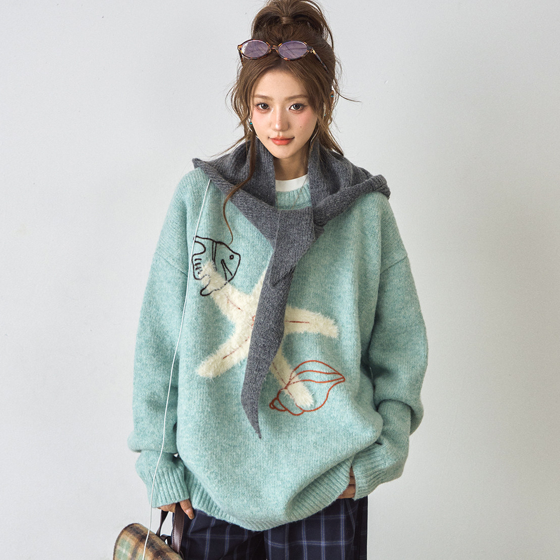 仿貂毛海星毛衣女冬季加厚韓系慵懶風寬鬆羊毛針織衫
