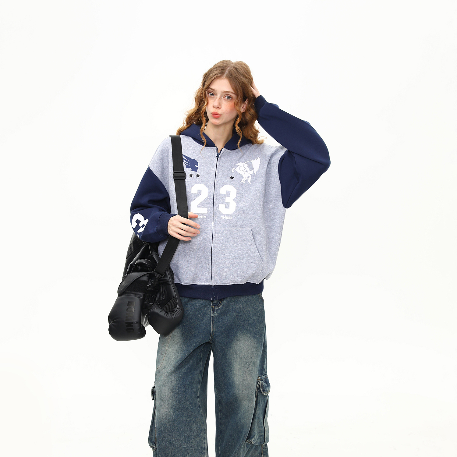 美式復古重磅開衫連帽衛衣女高克重印花潮牌拉鍊外套