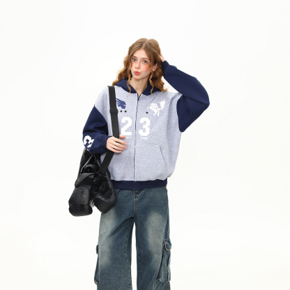 美式復古重磅開衫連帽衛衣女高克重印花潮牌拉鍊外套