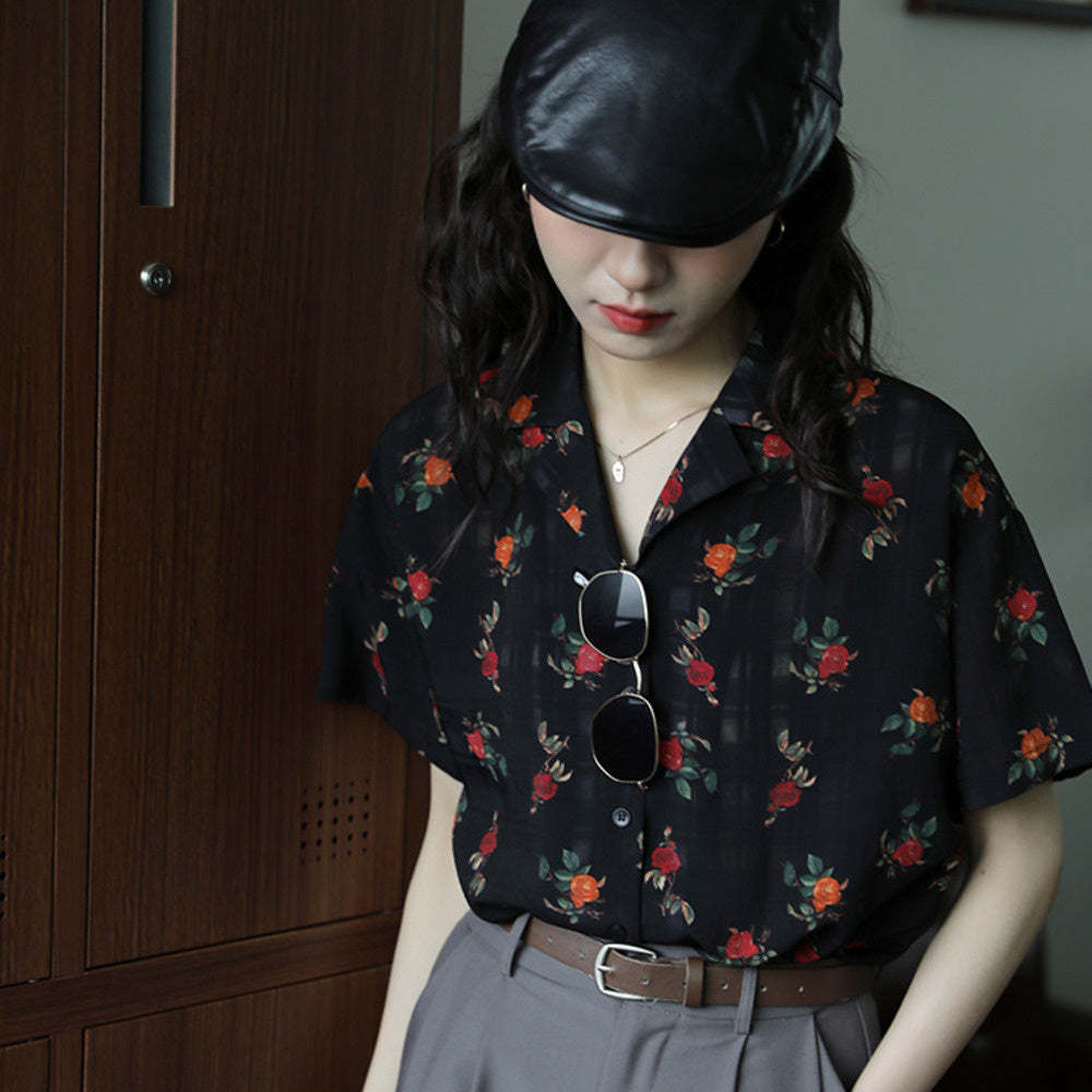 杏色玫瑰花氣質翻領簡約復古港風設計感短袖襯衫女夏季顯瘦上衣