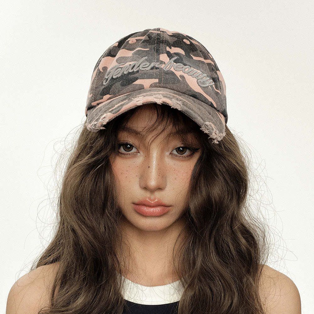 美式戶外工裝甜酷辣穿搭粉色迷彩鴨舌帽子女復古潮牌顯臉小棒球帽