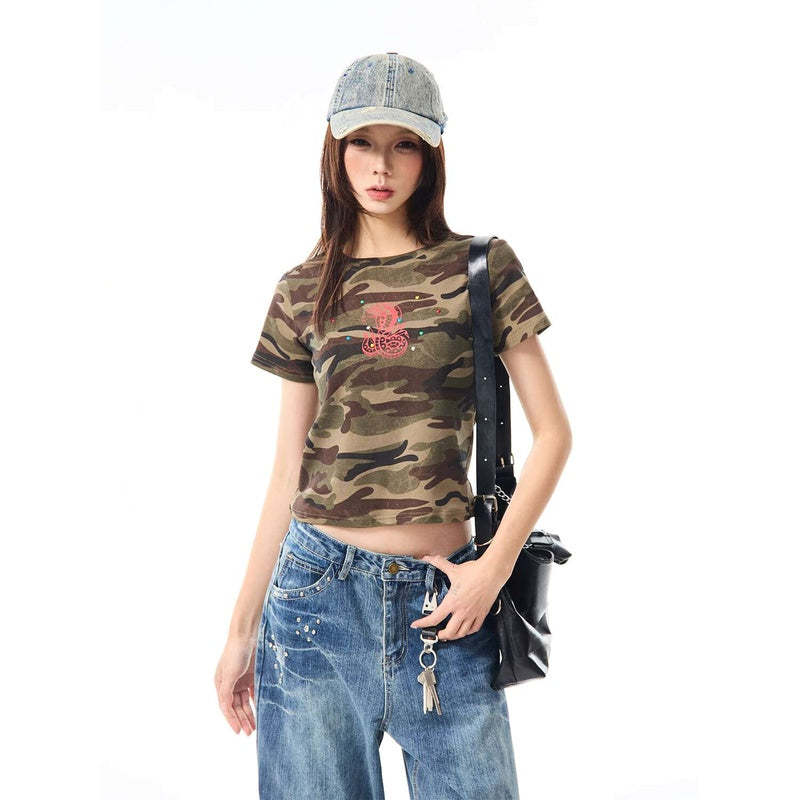 美式復古蛇年燙鑽迷彩正肩短袖t恤女夏季辣妹修身短款上衣