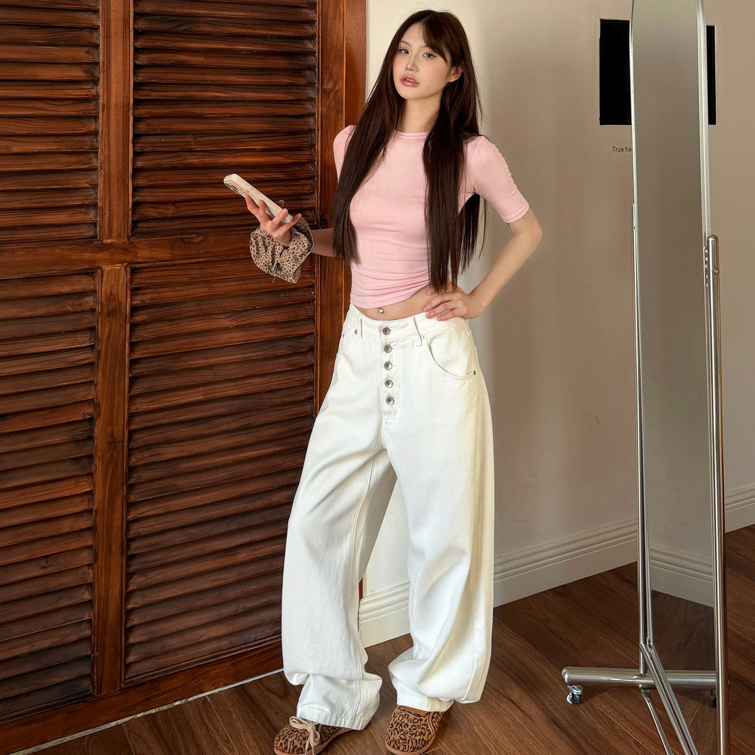 美式復古寬鬆闊腿白色牛仔褲女寬鬆垂感拖地休閒褲子