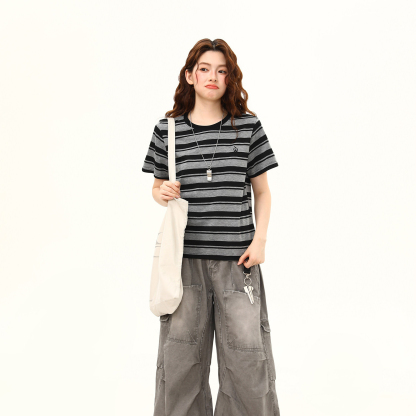 刺繡條紋T恤夏季女寬鬆百搭圓領短袖復古正肩短寬上衣