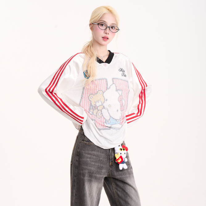 復古條紋Kitty猫印花長袖T恤女美式運動風寬鬆網眼上衣