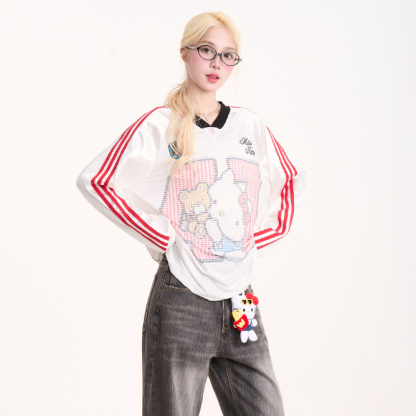 復古條紋Kitty猫印花長袖T恤女美式運動風寬鬆網眼上衣