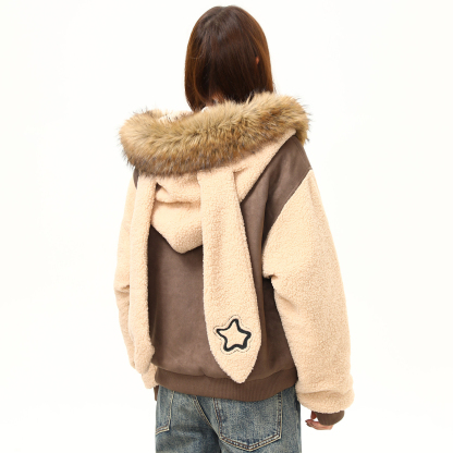 美式復古羊羔絨拼接毛領兔耳朵棉服外套女冬季加厚棉襖