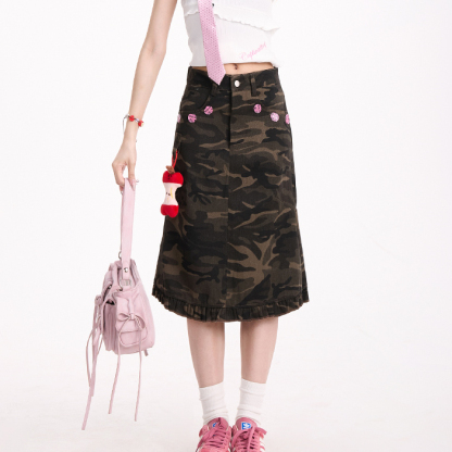 復古迷彩花邊半身裙女新款美式工裝裙辣妹街頭小眾半身裙