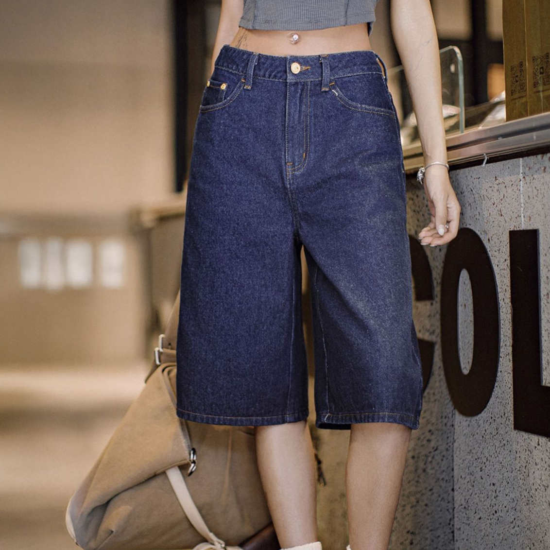 夏日復古深藍丹寧牛仔七分褲新款闊腿顯瘦小個子修腿型褲子女
