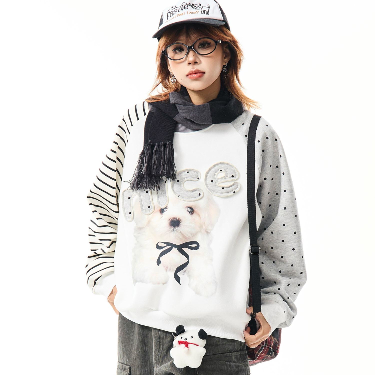 美式小狗印花拼接加絨衛衣女秋冬休閒百搭加厚圓領套頭上衣