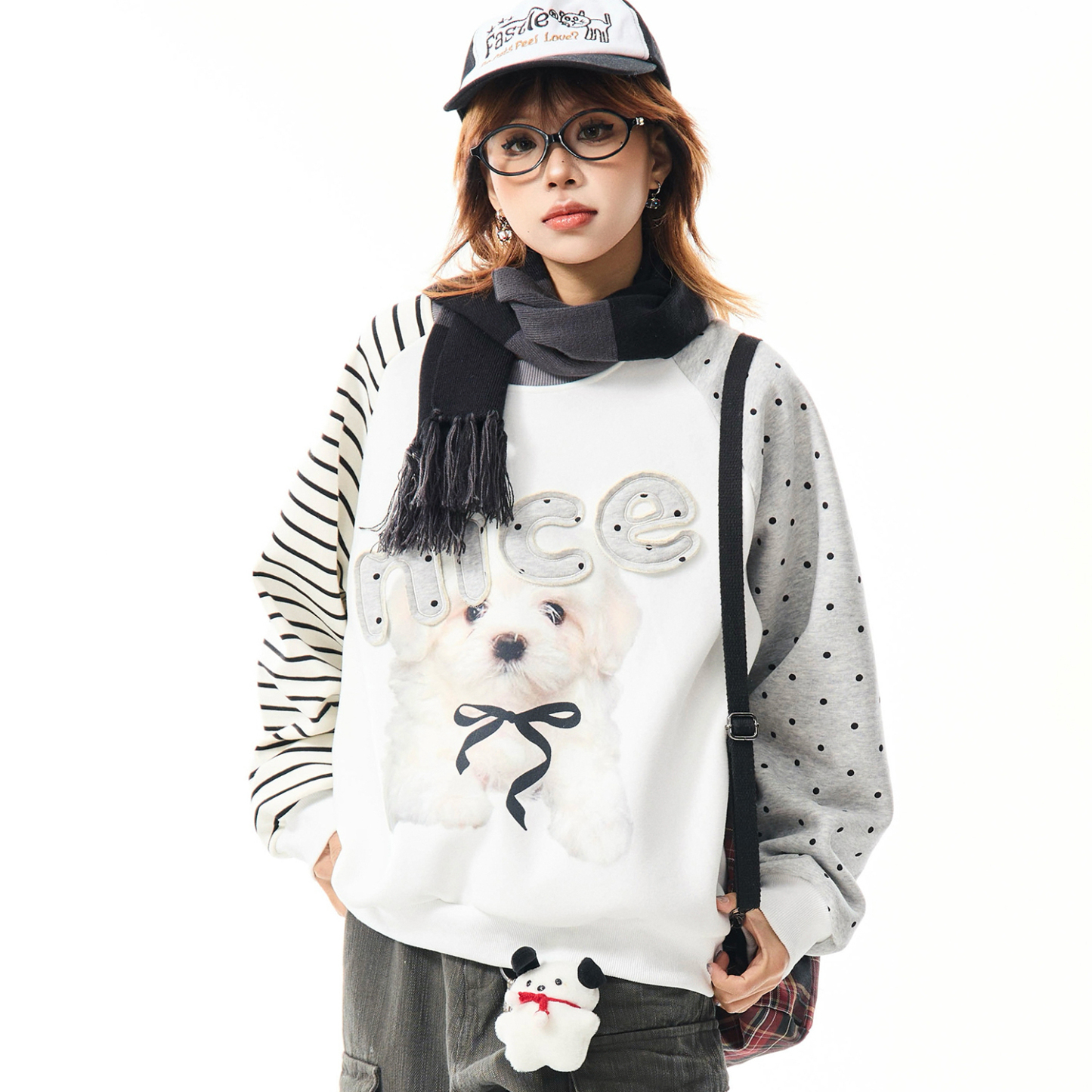 美式小狗印花拼接加絨衛衣女秋冬休閒百搭加厚圓領套頭上衣