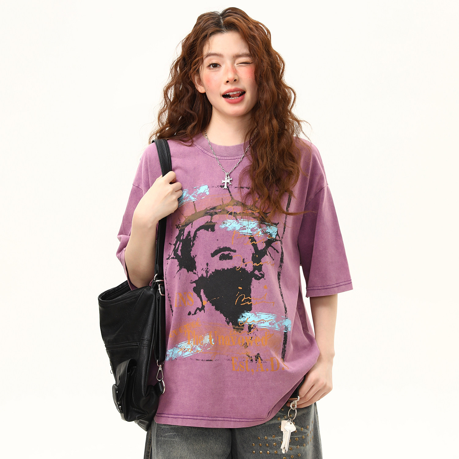 2026夏季新款美式復古水洗做舊印花短袖T恤女百搭tee