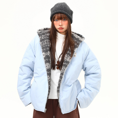 冬季復古費爾島羊羔絨雙面穿棉服女寬鬆氛圍感加厚外套