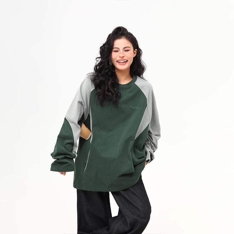 美式復古拼接撞色高級感長袖衛衣女寬鬆潮流上衣