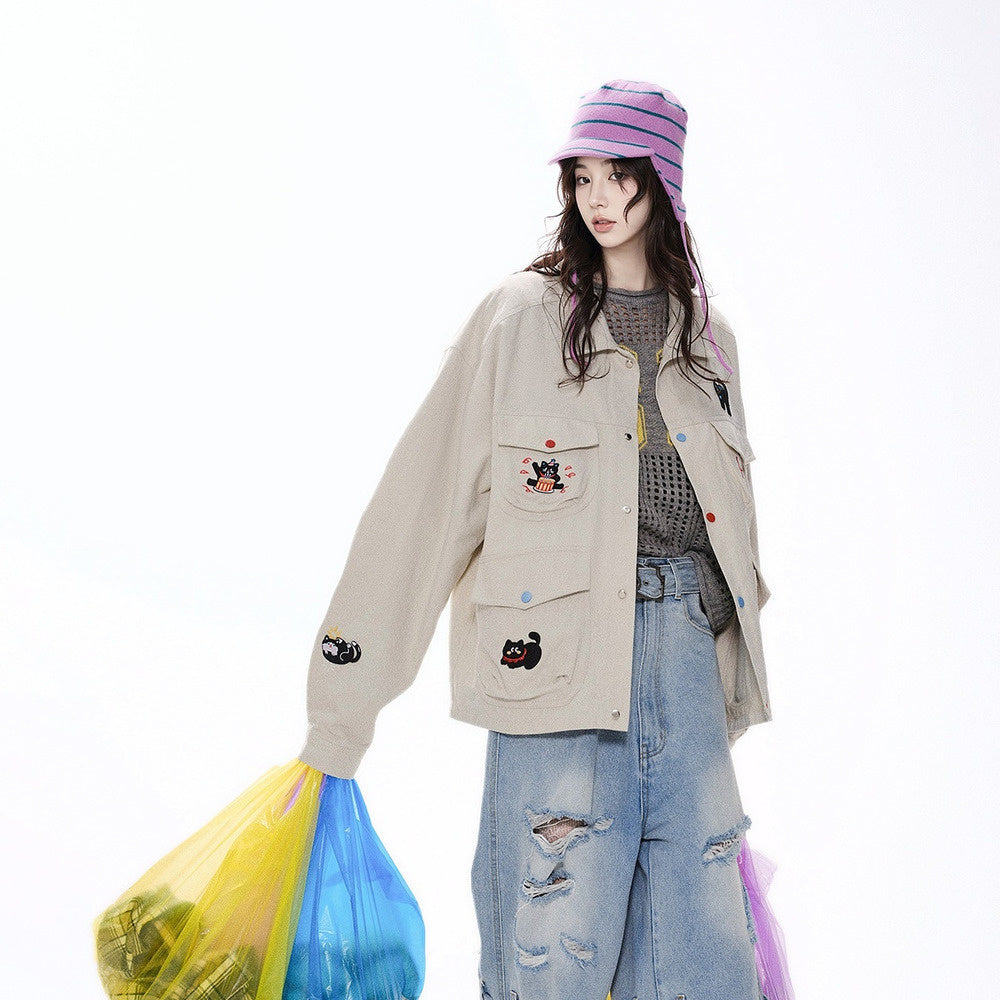 復古設計感工裝外套女春季新款街頭刺繡夾克寬鬆百搭上衣