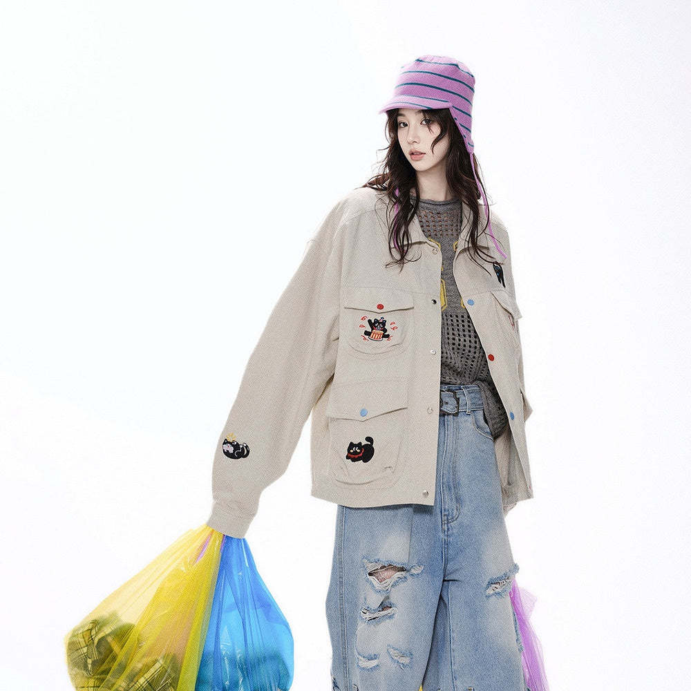 復古設計感工裝外套女春季新款街頭刺繡夾克寬鬆百搭上衣