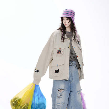 復古設計感工裝外套女春季新款街頭刺繡夾克寬鬆百搭上衣