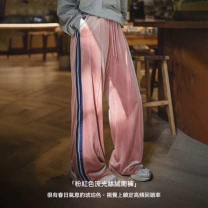 絲絨直筒運動褲復古雙條杠春日慢人風衛褲居家長褲春秋季女