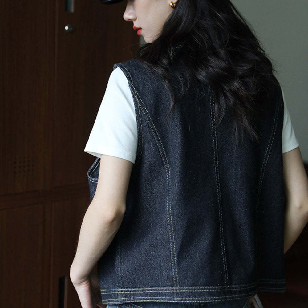 明線復古牛仔馬甲女春秋外套小個子百搭顯瘦短款寬鬆小坎肩外搭