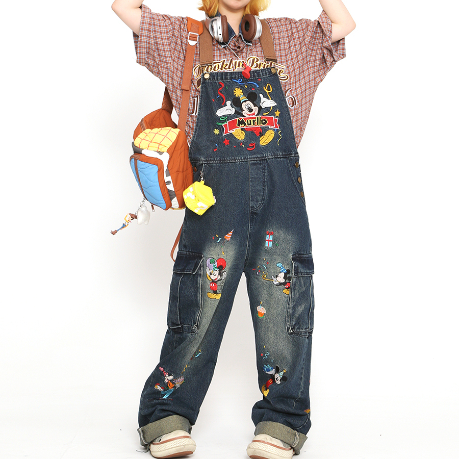 美式卡通米奇刺繡背帶褲女夏季寬鬆vibe連體拖地牛仔褲